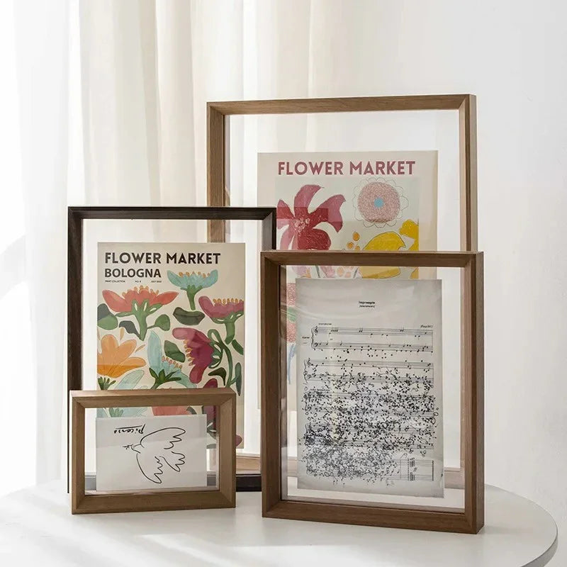 Wooden Floating Photo Frame with Glass on Both Sides for Art and Posters
