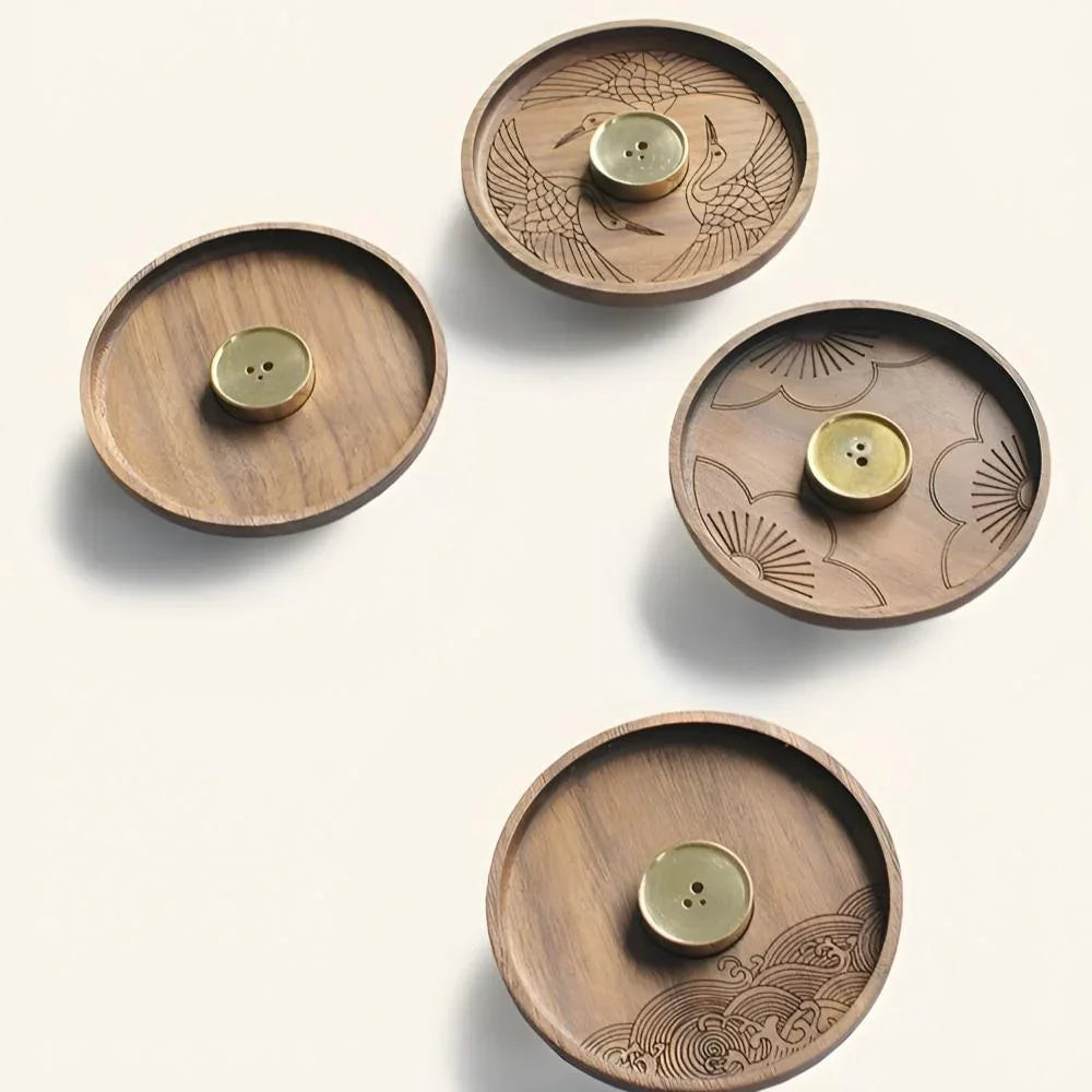 Porte-Encens en Bois avec Insert en Cuivre et Coupelle à Cendres pour Méditation