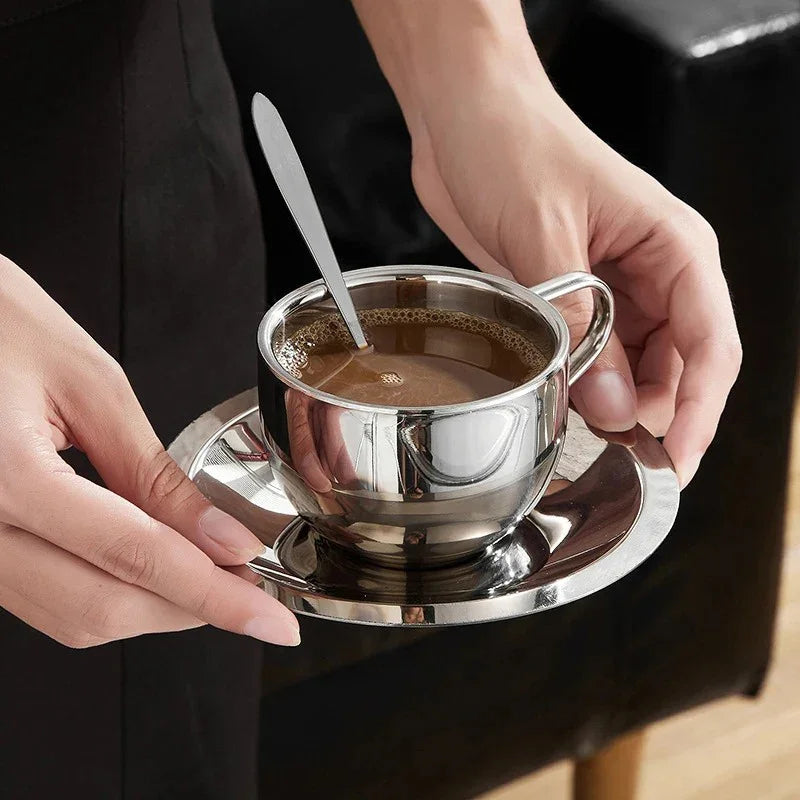 Set de Tasses à Café en Acier Inoxydable avec Soucoupe et Cuillère Double Paroi