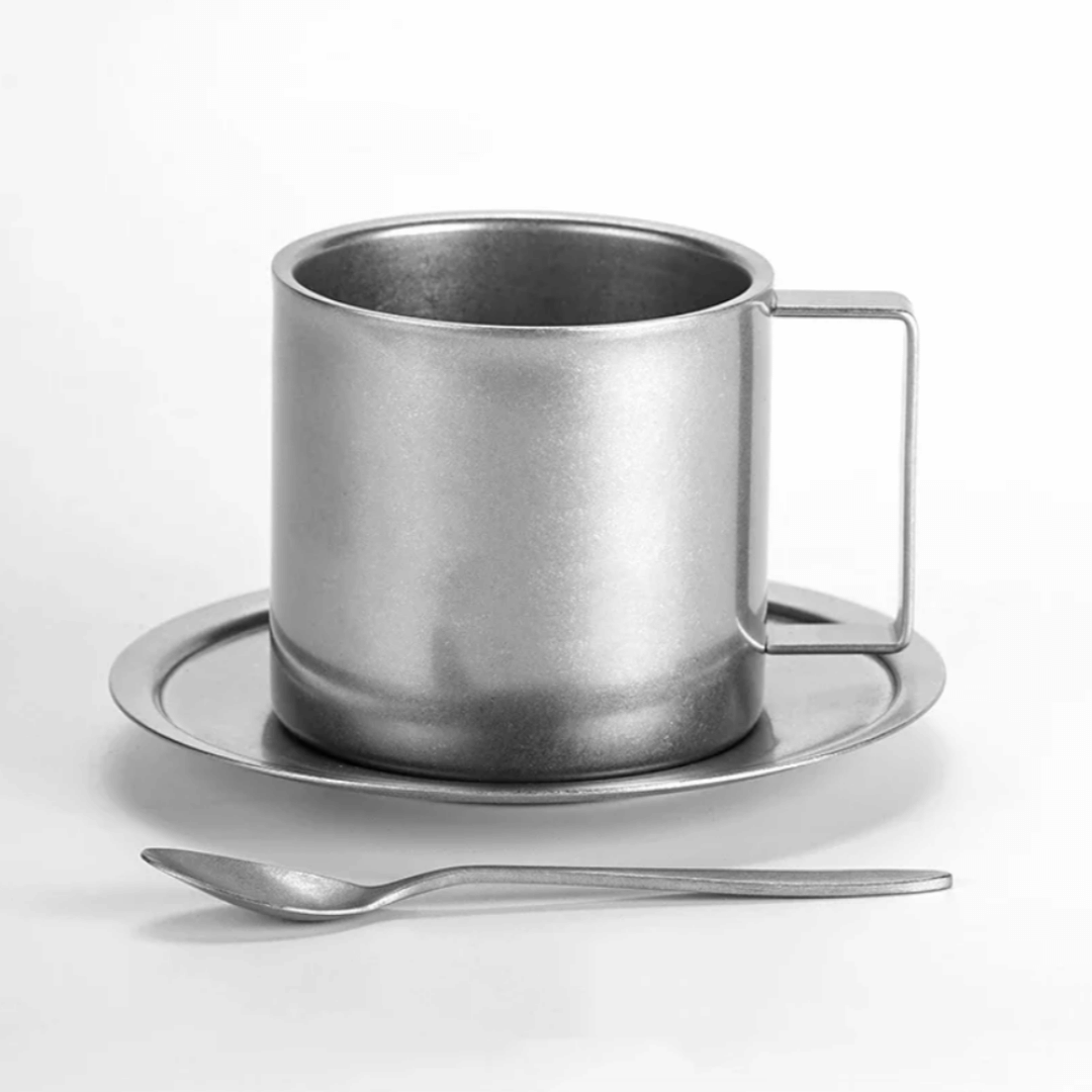 Set rétro de tasses à café en acier inoxydable avec soucoupe et cuillère double paroi