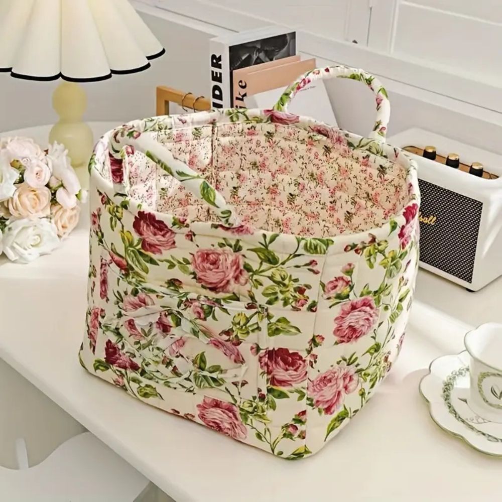 Fleurique Elegant Canvas Storage Basket – with Romantic Floral Pattern for a Stylish Interior