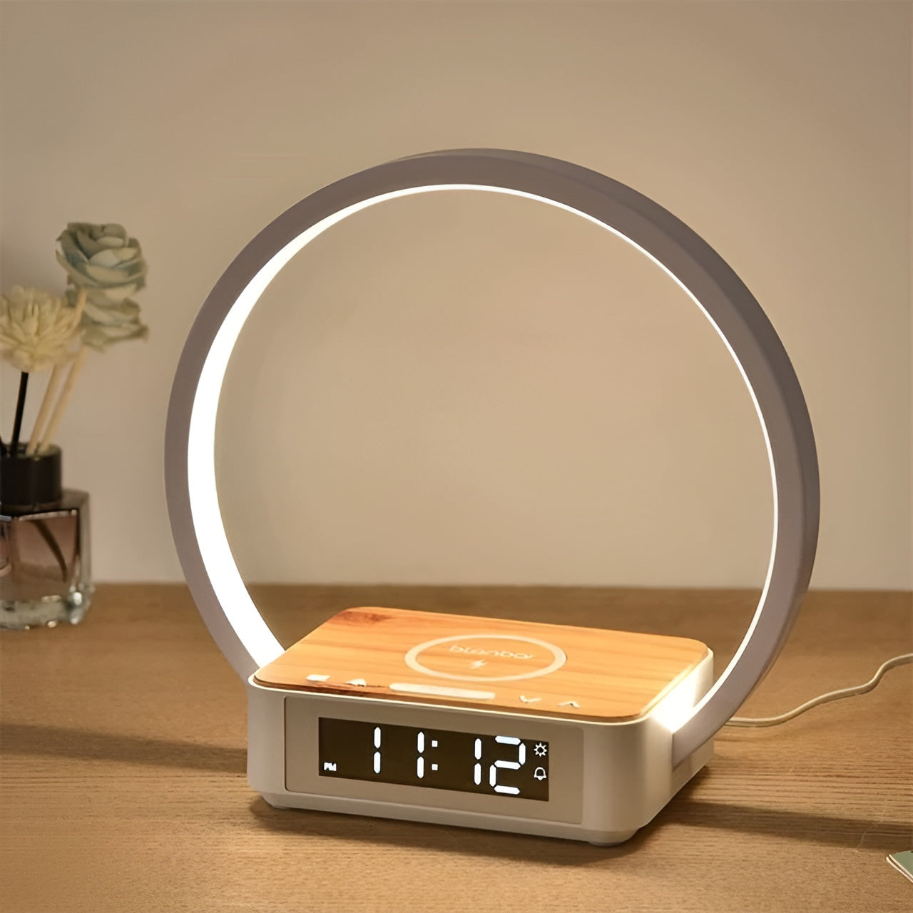 NovaGlow – Stylish Table Lamp with Wireless Charging and Alarm Clock Function