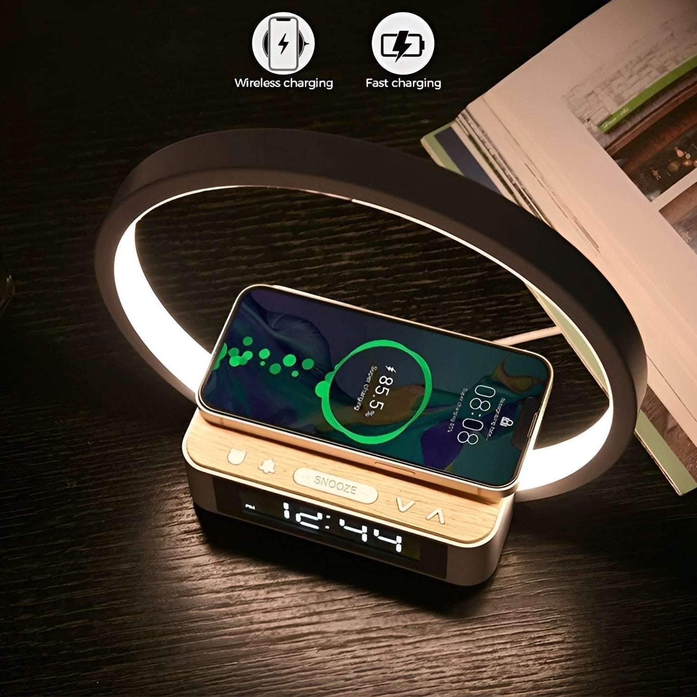 NovaGlow – Stylish Table Lamp with Wireless Charging and Alarm Clock Function