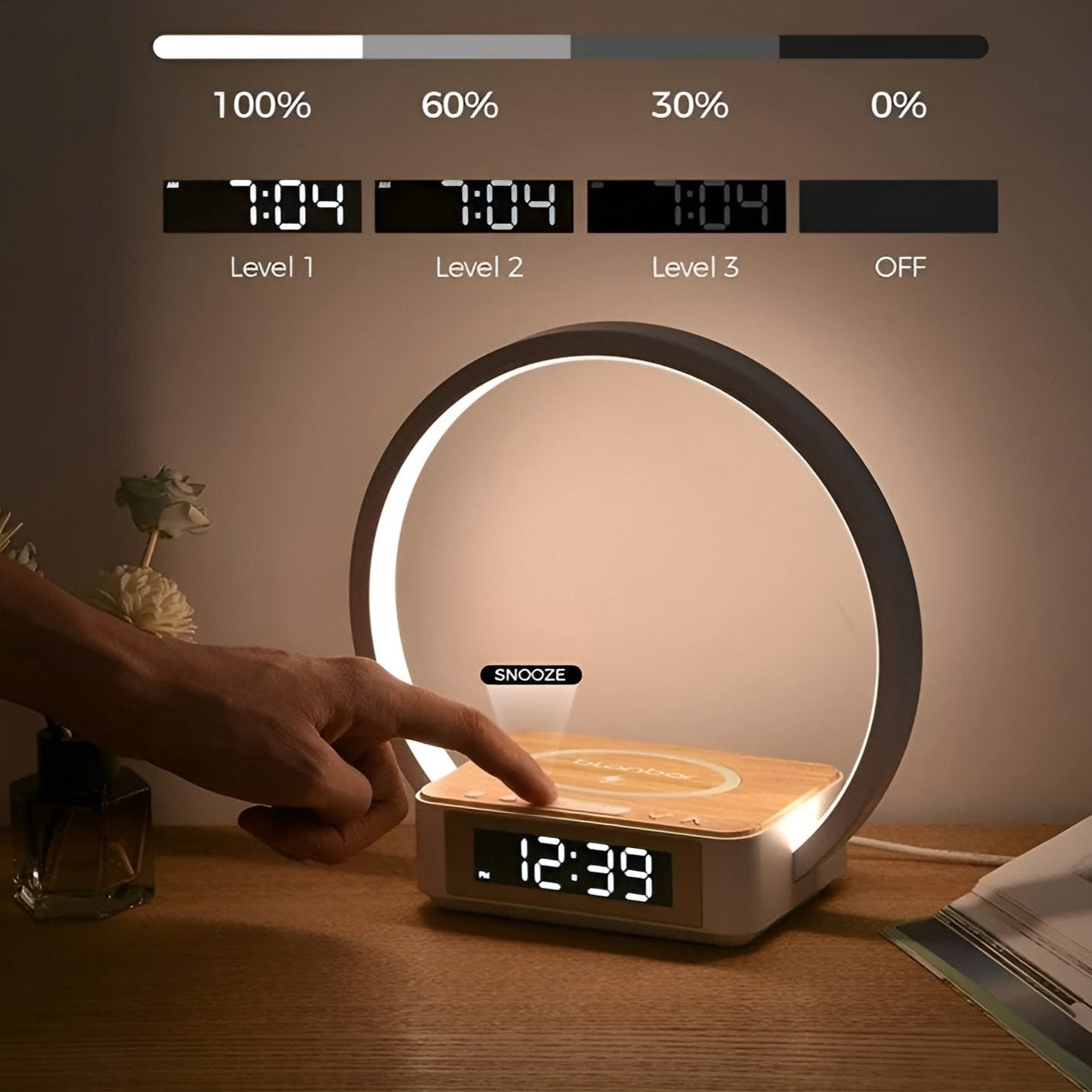 NovaGlow – Stylish Table Lamp with Wireless Charging and Alarm Clock Function