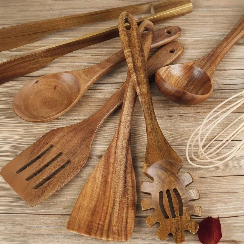 TeakMaster – Luxury Wooden Kitchen Utensil Set for Ultimate Cooking Convenience (7-piece)