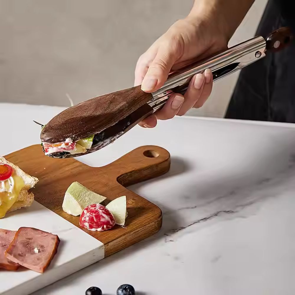 AurumWood Luxe Kitchen Tongs Set – Stylish Stainless Steel & Wooden Tongs for Refined Cooking