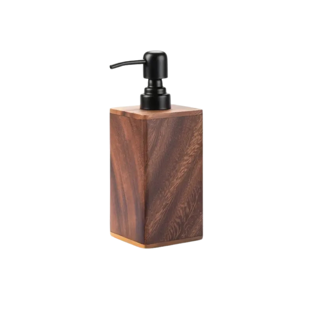 Distributeur rustique de savon et lotion en bois avec pompe noire mate pour salle de bain