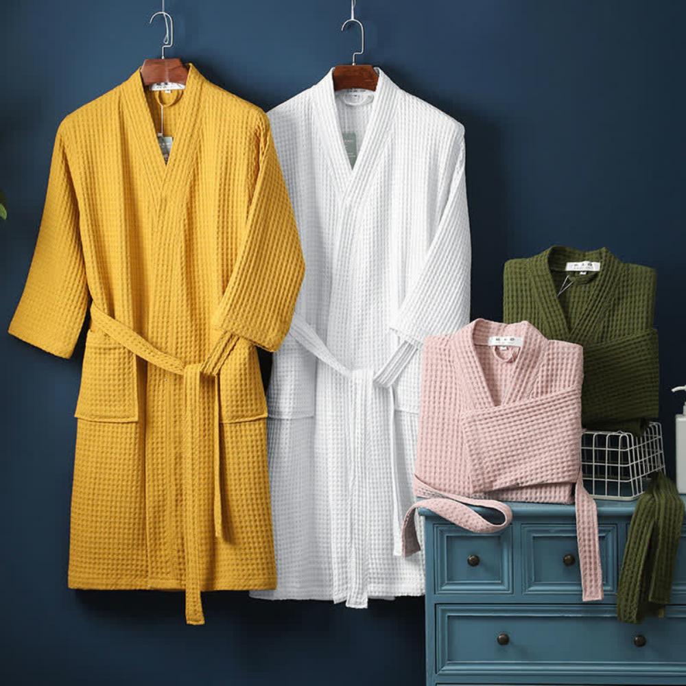 SereneLuxe – Cotton Waffle Bathrobe with Elegant V-Neck