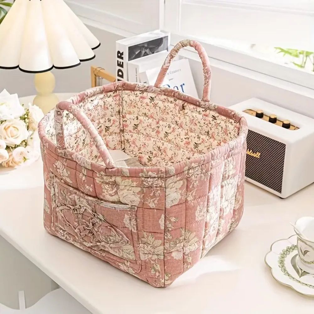 Fleurique Elegant Canvas Storage Basket – with Romantic Floral Pattern for a Stylish Interior