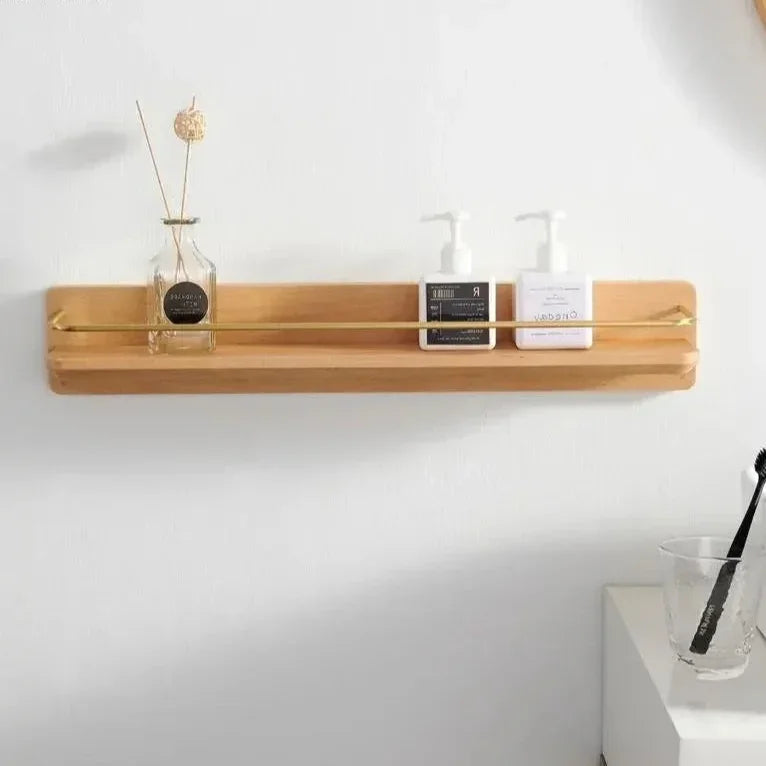 Houten Wandplank voor Badkamer met Gouden Railing en Handdoekstang