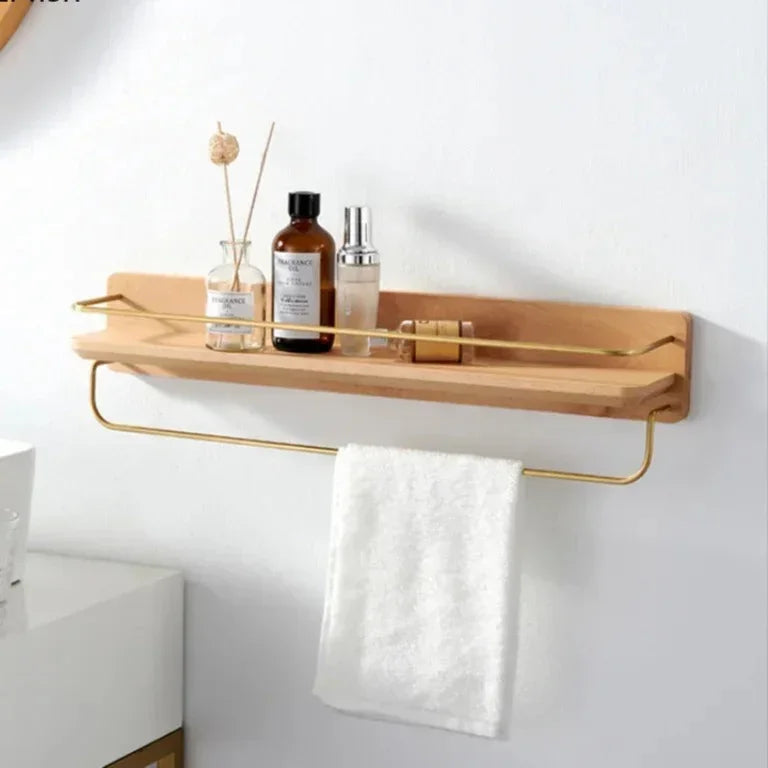 Houten Wandplank voor Badkamer met Gouden Railing en Handdoekstang