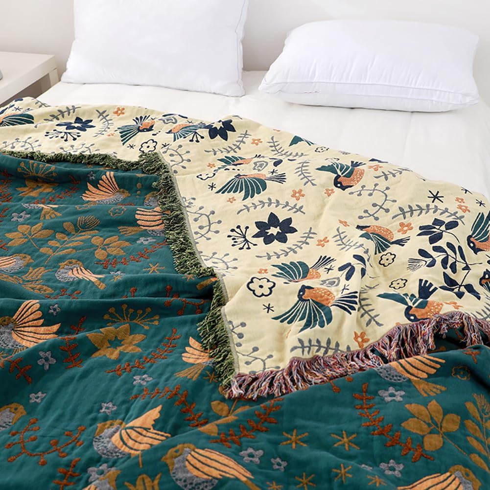 Serenelle – Elegant Cotton Throw with Flying Birds and Floral Details