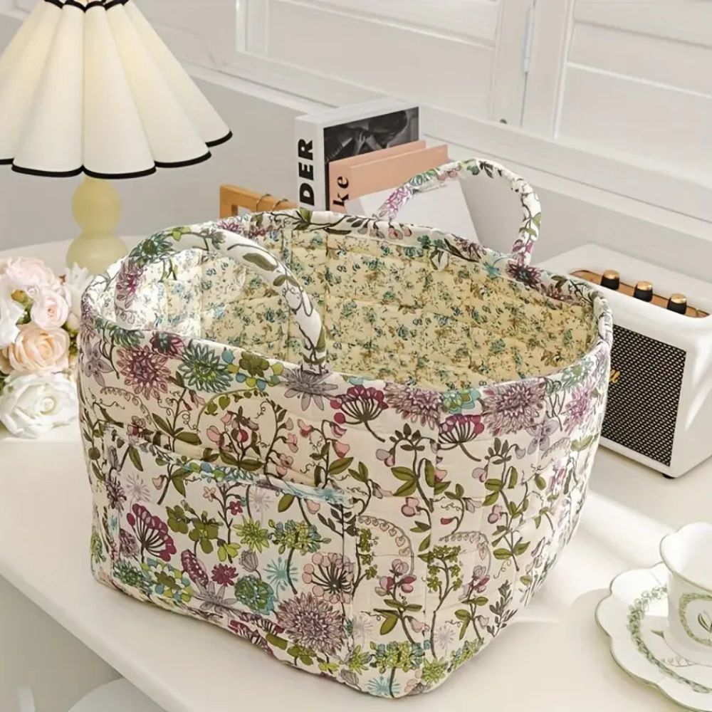 Fleurique Elegant Canvas Storage Basket – with Romantic Floral Pattern for a Stylish Interior