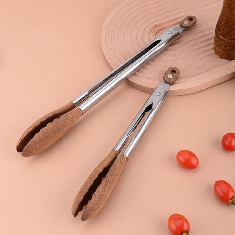 AurumWood Luxe Kitchen Tongs Set – Stylish Stainless Steel & Wooden Tongs for Refined Cooking