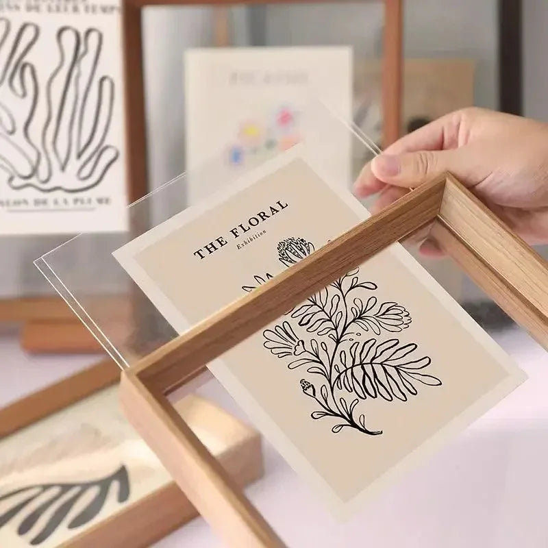 Wooden Floating Photo Frame with Glass on Both Sides for Art and Posters