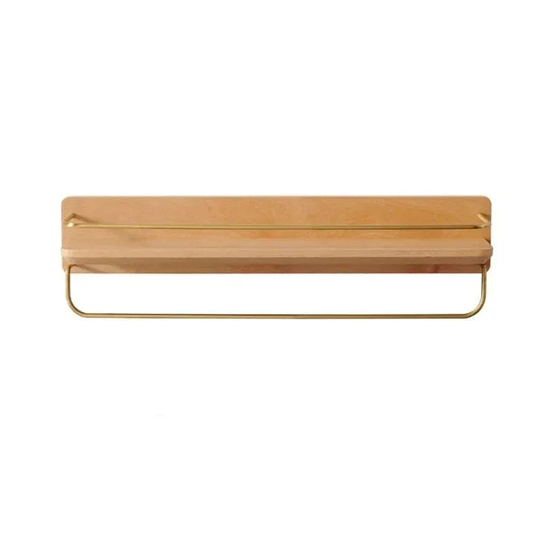 Houten Wandplank voor Badkamer met Gouden Railing en Handdoekstang