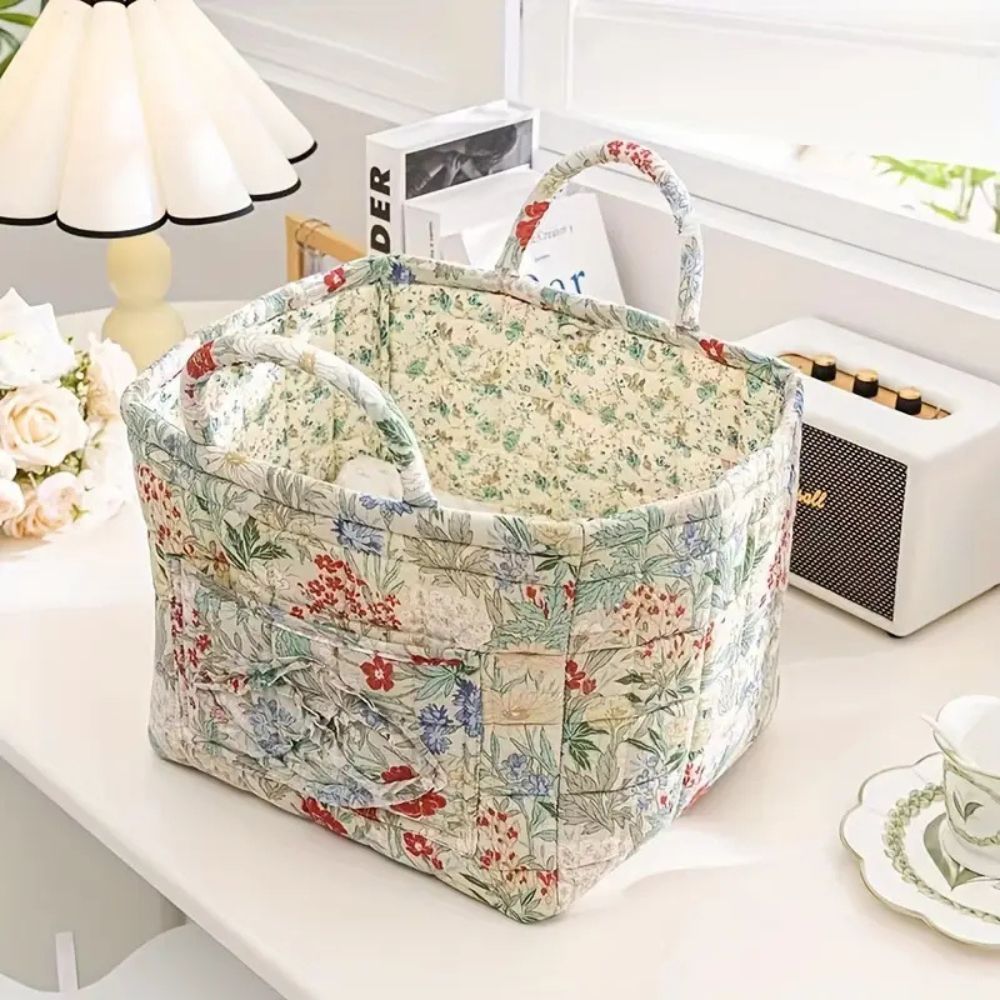 Fleurique Elegant Canvas Storage Basket – with Romantic Floral Pattern for a Stylish Interior
