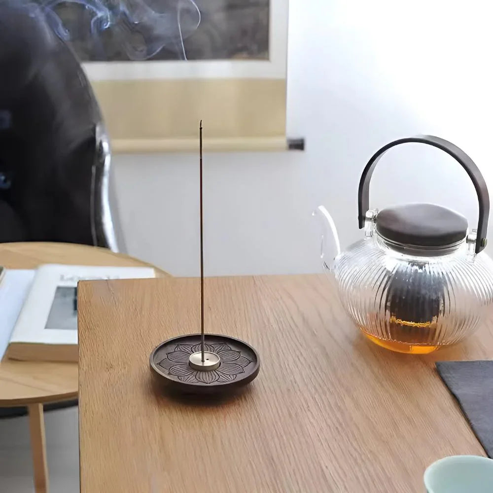 Porte-Encens en Bois avec Insert en Cuivre et Coupelle à Cendres pour Méditation