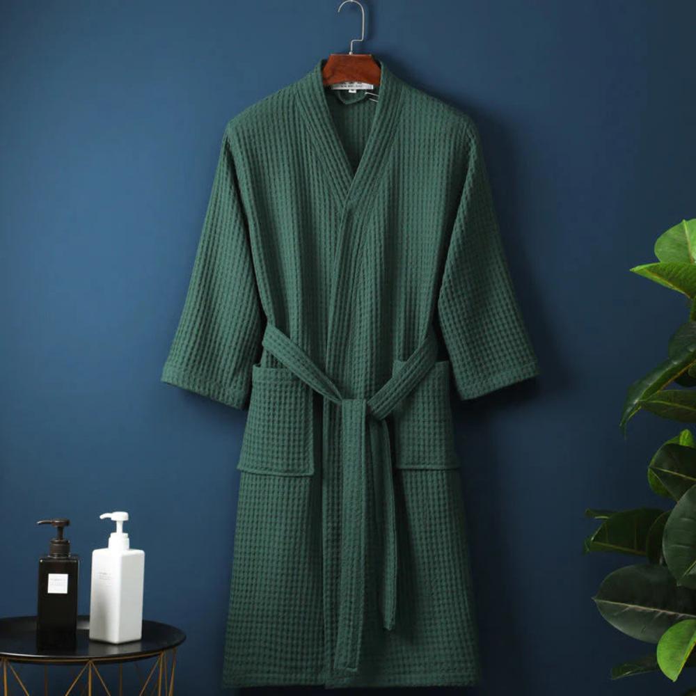 SereneLuxe – Cotton Waffle Bathrobe with Elegant V-Neck