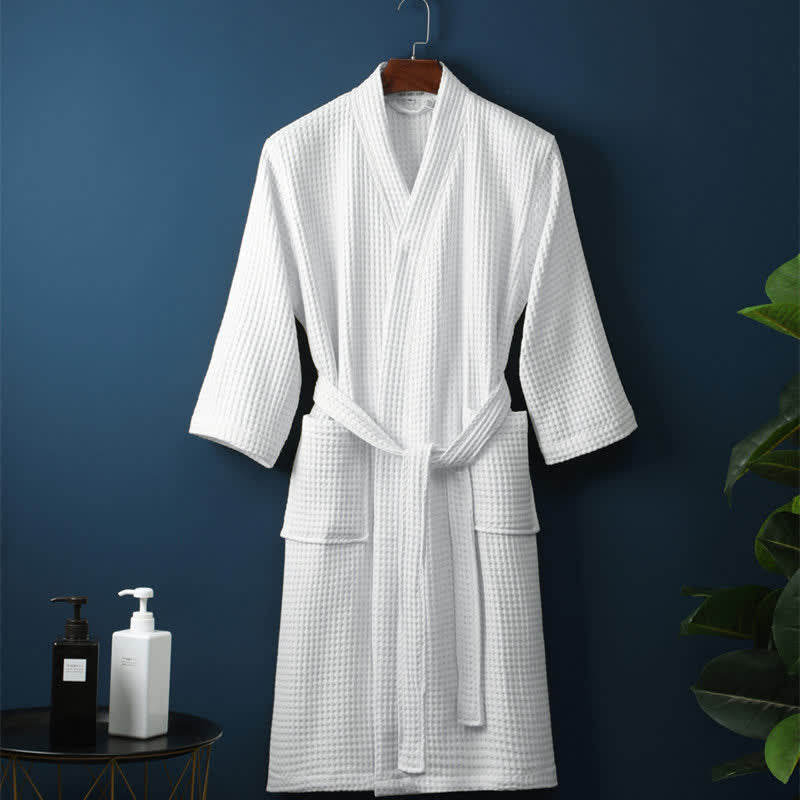 SereneLuxe – Cotton Waffle Bathrobe with Elegant V-Neck