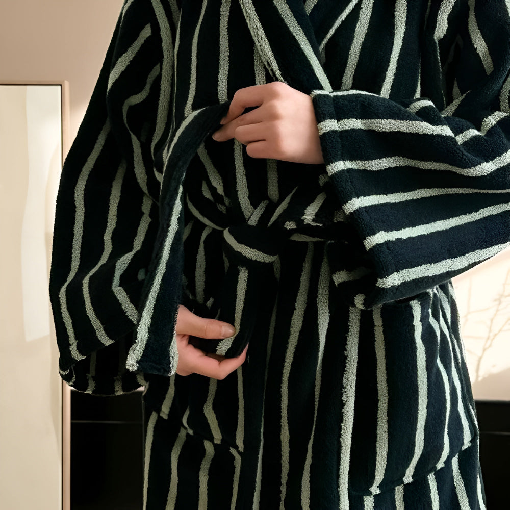 VelvetDawn – Elegant Bathrobe of Luxury Cotton with Timeless Stripe Details