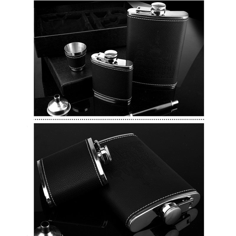 Stelvio – Luxury Stainless Steel Hip Flask Set with Leather Finish