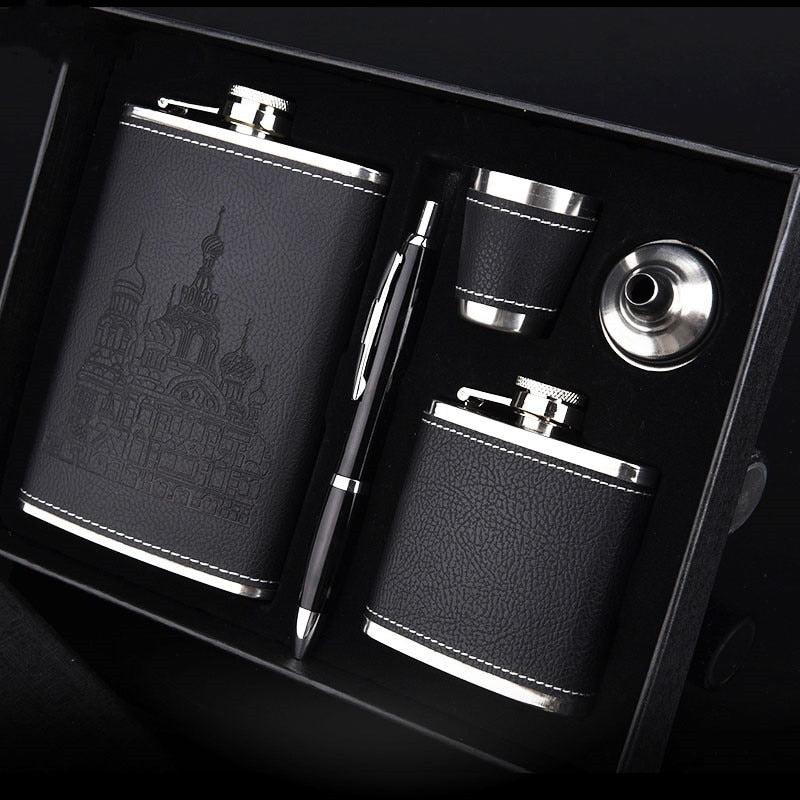 Stelvio – Luxury Stainless Steel Hip Flask Set with Leather Finish