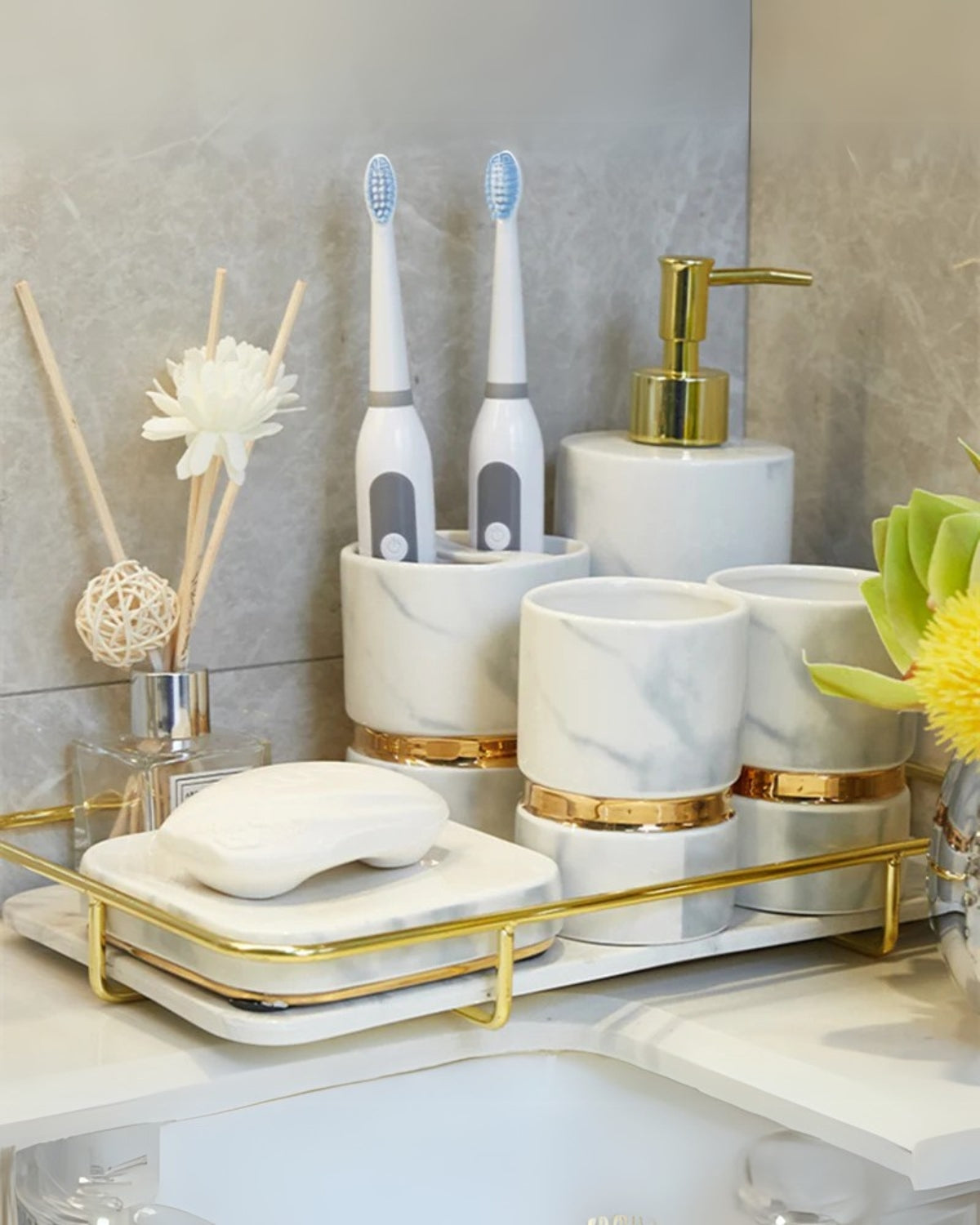 The Marble Elegance – Luxury Marble Bathroom Set with Golden Accents (6-piece)