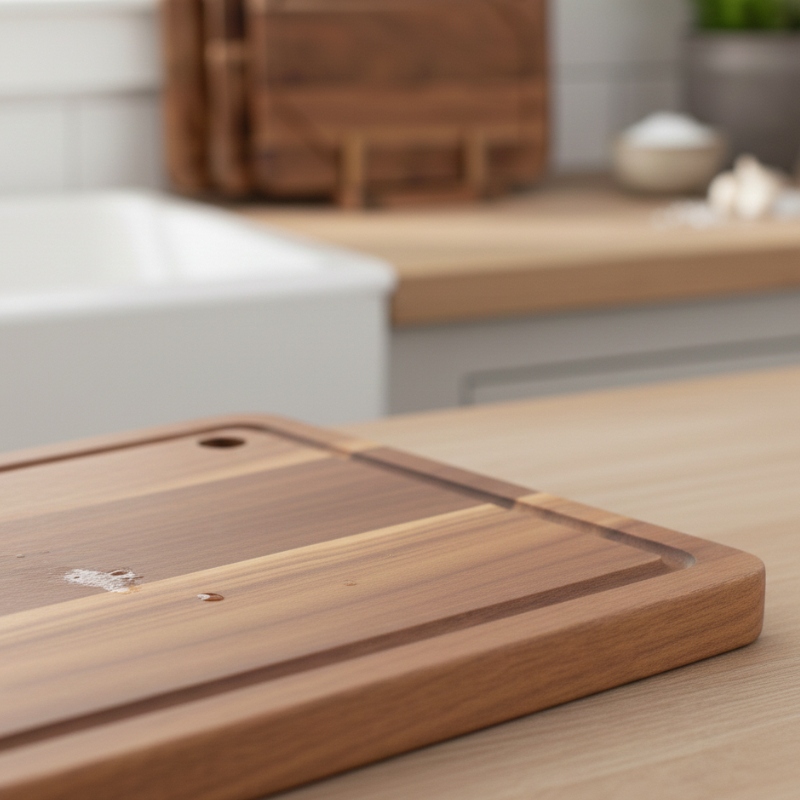 Set de 3 planches à découper en bois d’acacia avec rigole et support de rangement