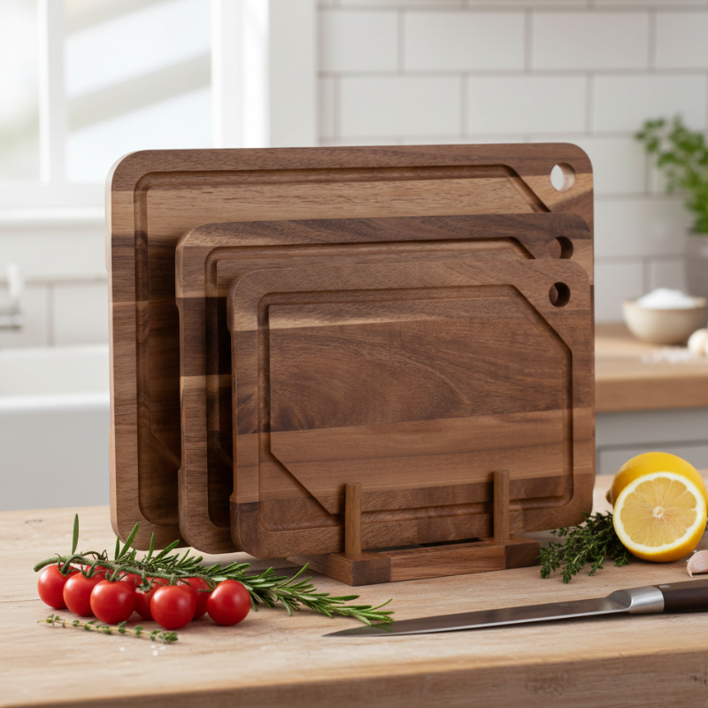 Set de 3 planches à découper en bois d’acacia avec rigole et support de rangement