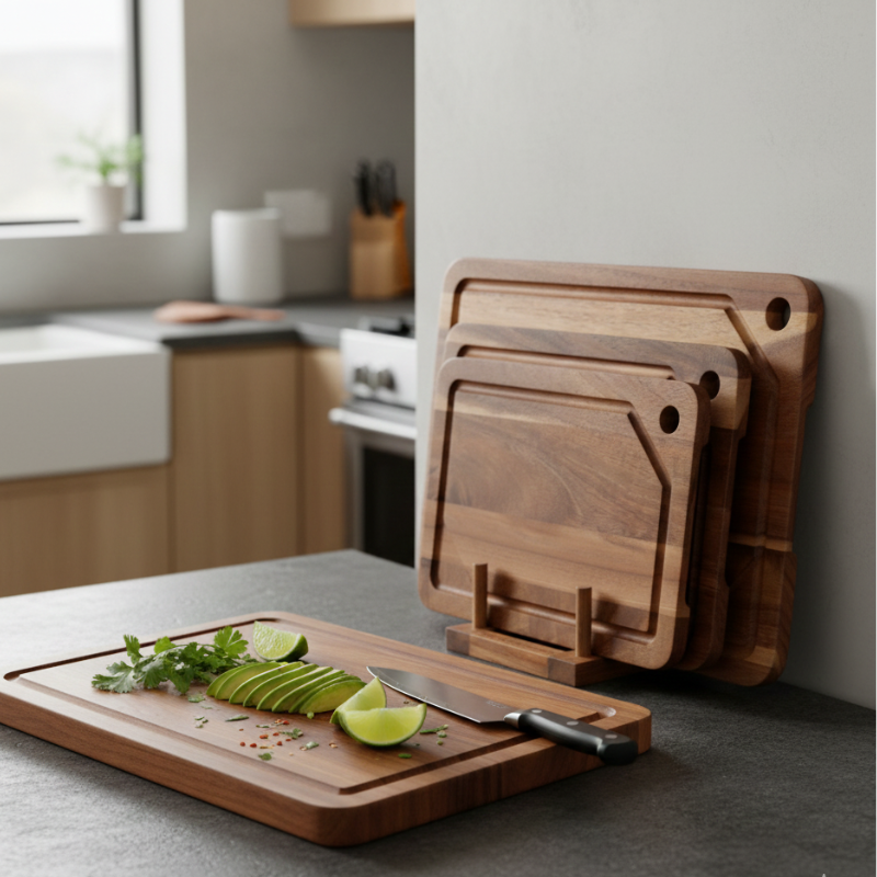 Set de 3 planches à découper en bois d’acacia avec rigole et support de rangement