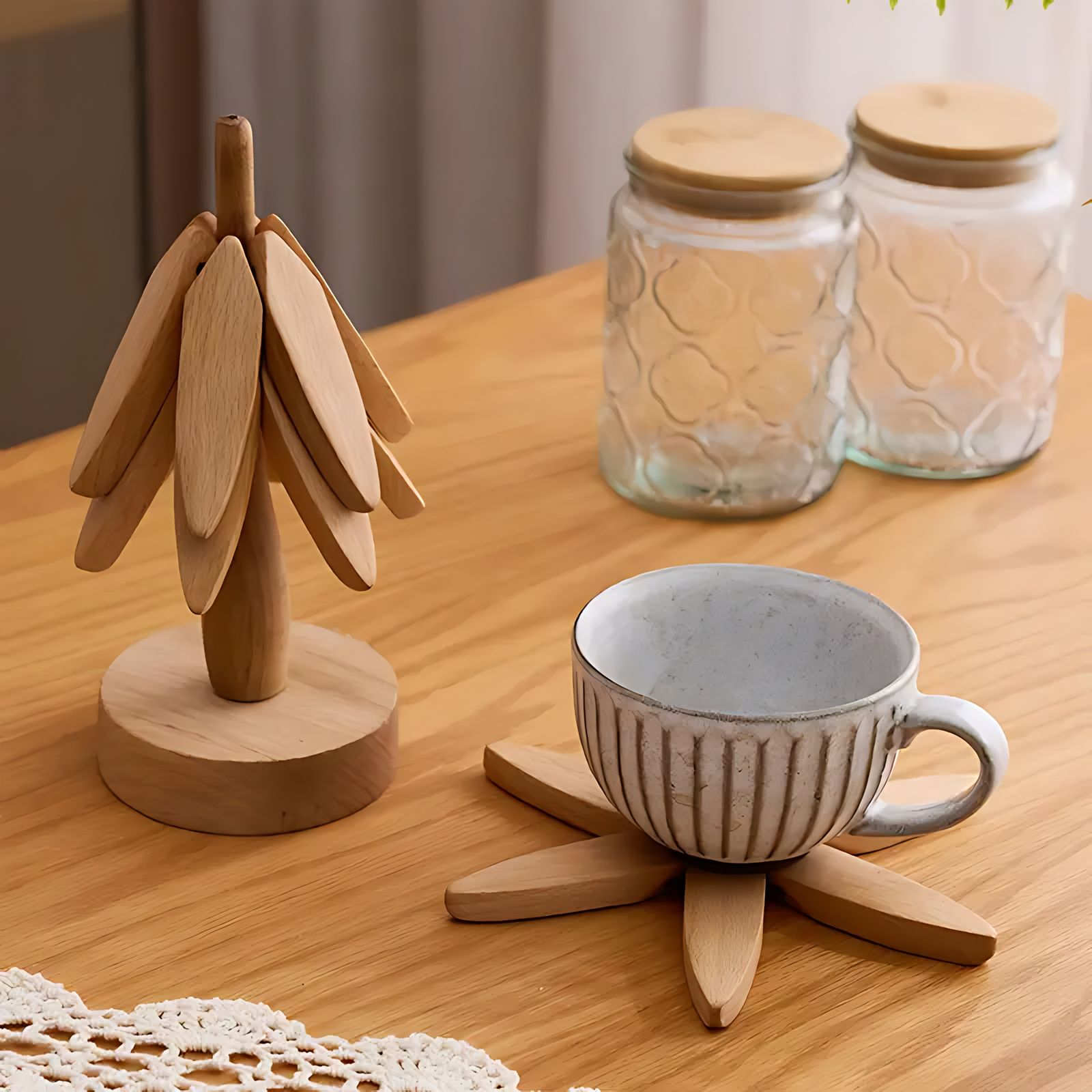 LumiWood – Elegant Wooden Coaster Set in Tree Design for a Stylish Interior