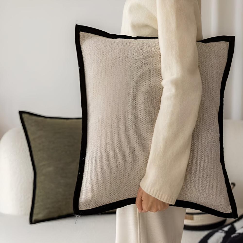 Housse de coussin décorative rétro française avec liseré noir et texture jacquard