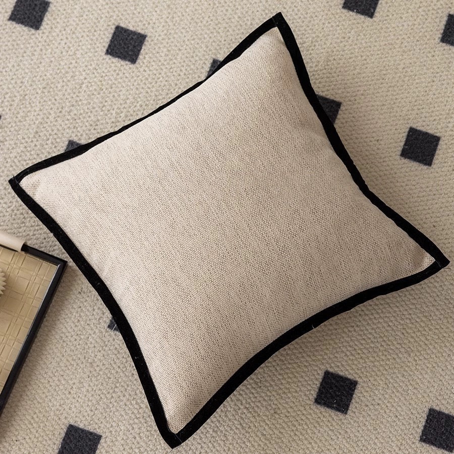 Housse de coussin décorative rétro française avec liseré noir et texture jacquard