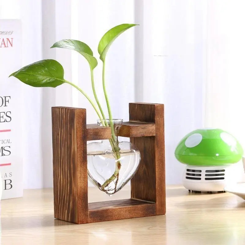 HeartBloom – Elegant Glass Propagation Vase with Wooden Base for Green Inspiration