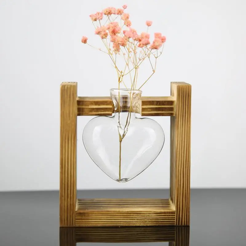 HeartBloom – Elegant Glass Propagation Vase with Wooden Base for Green Inspiration