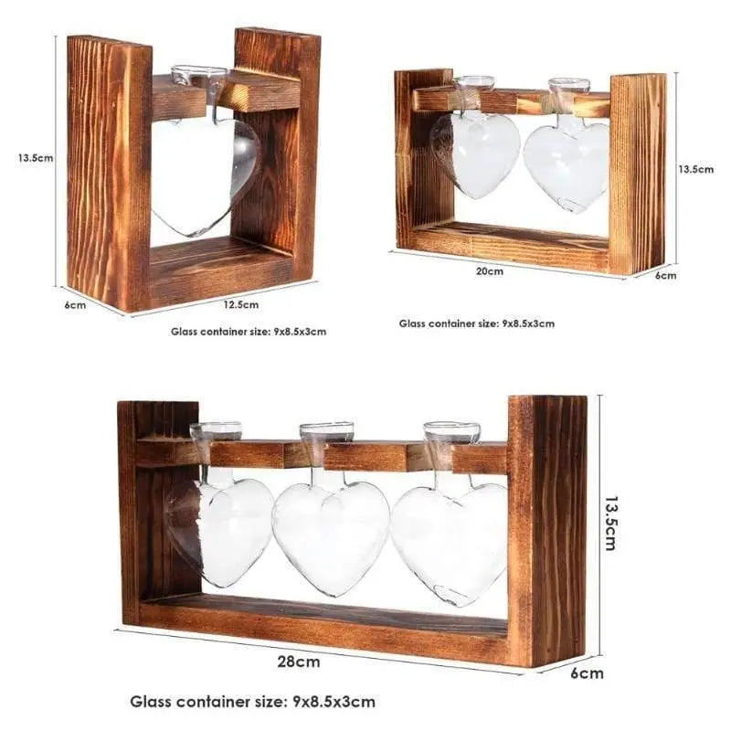 HeartBloom – Elegant Glass Propagation Vase with Wooden Base for Green Inspiration