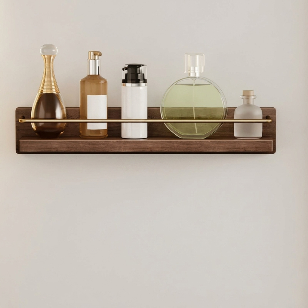 Houten Wandplank voor Badkamer met Gouden Railing en Handdoekstang
