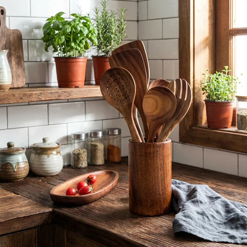 Porte-ustensiles de cuisine en teck massif birman pour plan de travail