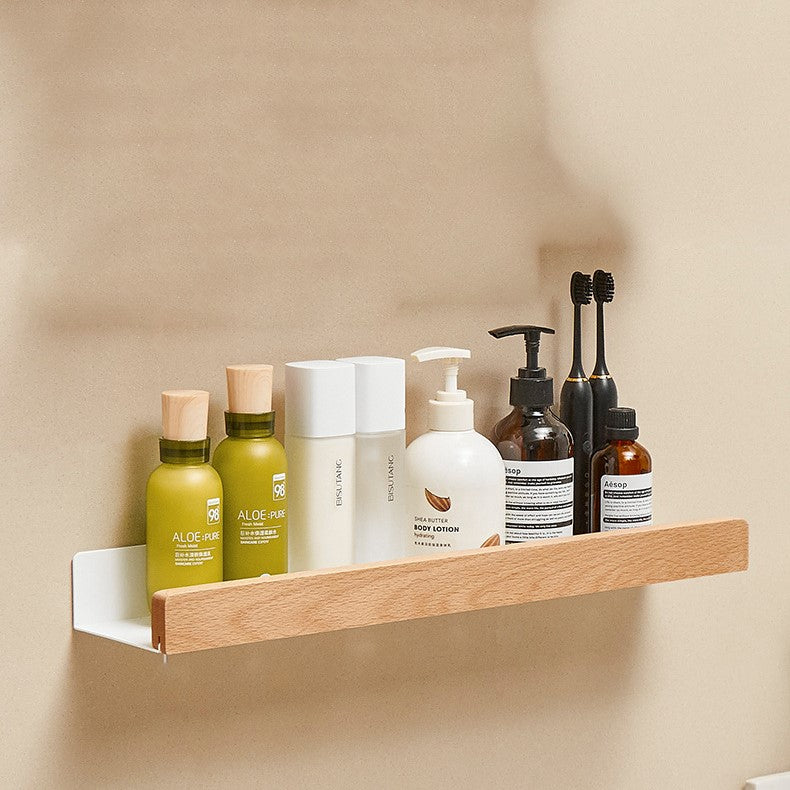 AquaOrganize – Stylish Shower Rack with Wooden Accents, Without Drilling