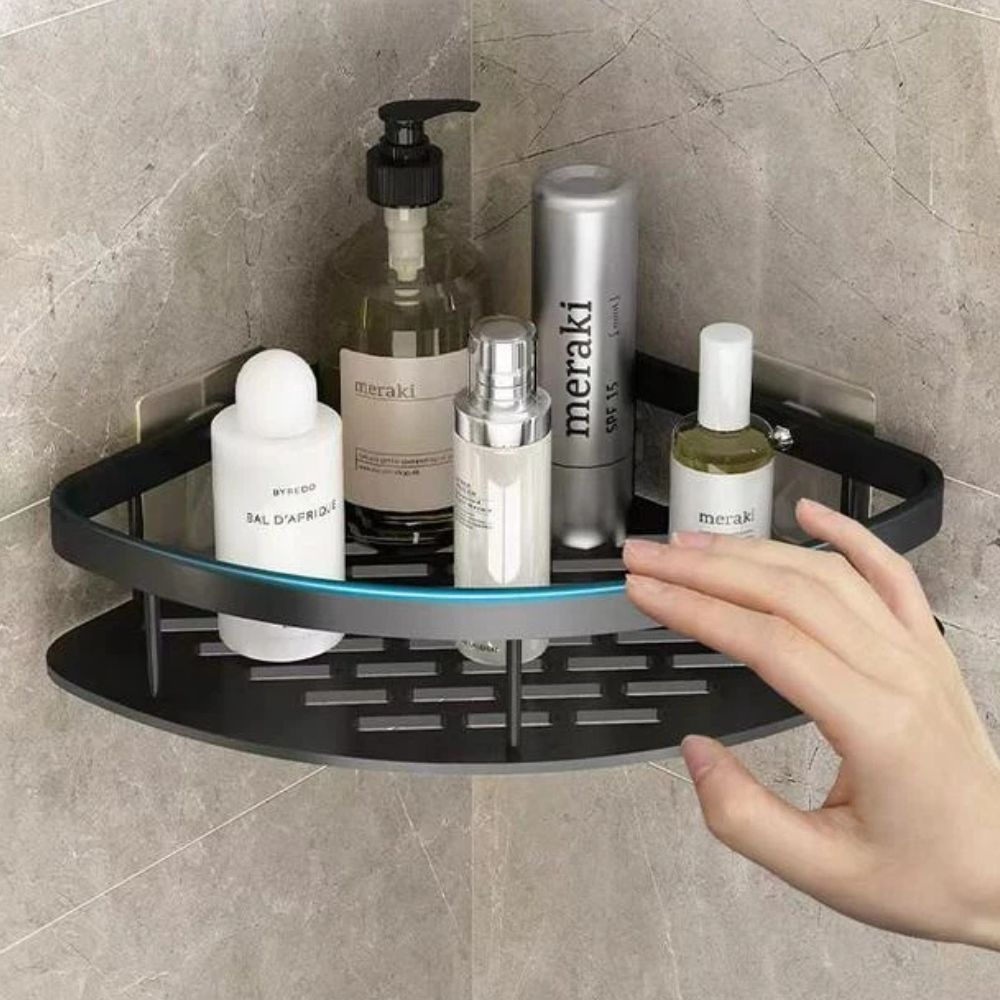 Étagère d’angle en aluminium pour douche à 2 niveaux avec fixation adhésive