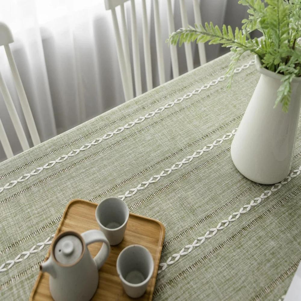 Nappe Rustique en Coton-Lin avec Motif Brodé Rayé pour Table à Manger