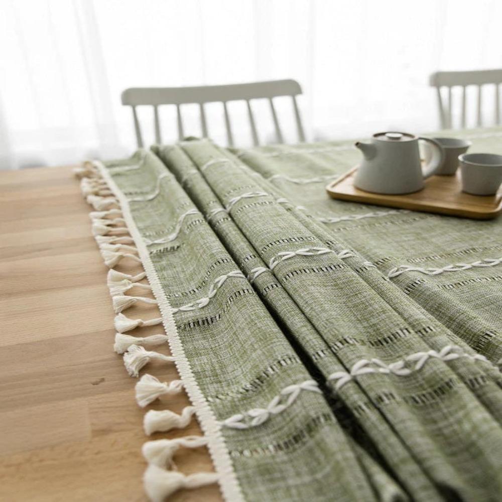 Nappe Rustique en Coton-Lin avec Motif Brodé Rayé pour Table à Manger