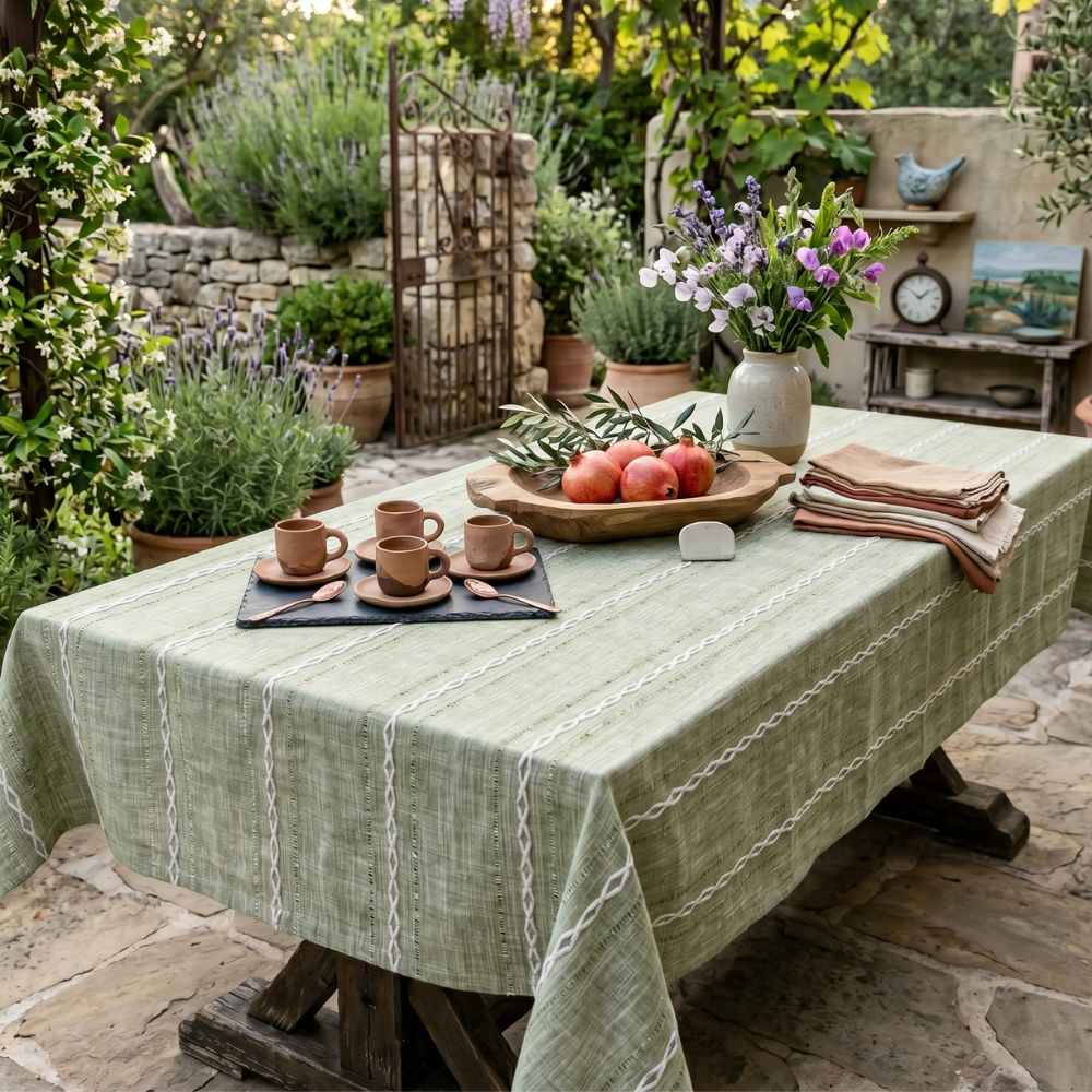 Nappe Rustique en Coton-Lin avec Motif Brodé Rayé pour Table à Manger