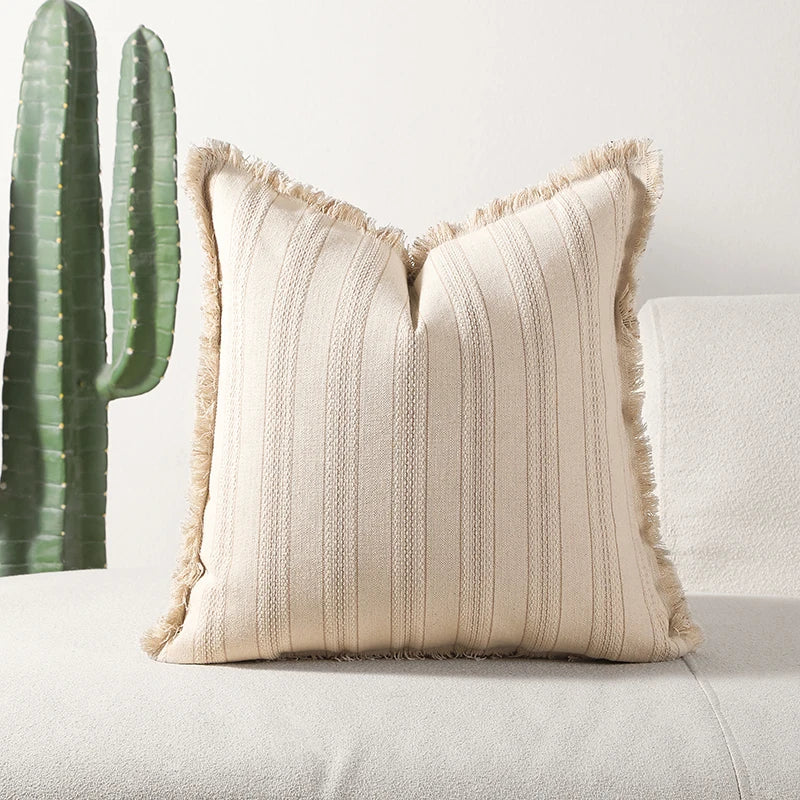 ScandiLuxe – Elegant Jacquard Cushion Cover with Fine Fringe Details
