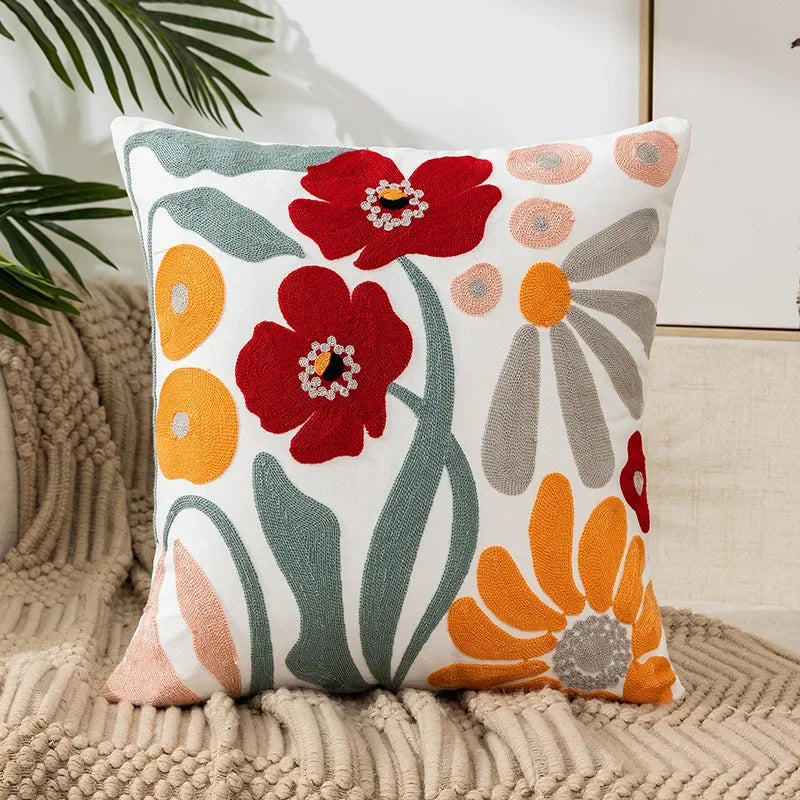 BloomLinen – Embroidered Cushion Cover of Cotton Canvas with Rustic Floral Splendor
