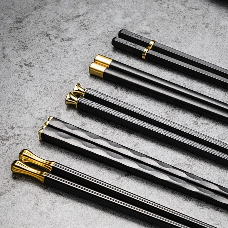 EliteStix – Luxe Set of 5 Metal Chopsticks with Modern Black & Gold Design