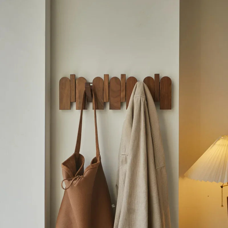 PicketWood – Walnut Wooden Wall Coat Rack with Foldable Hooks