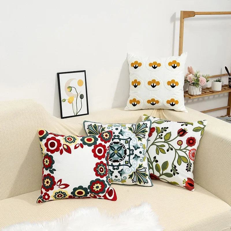 BloomLinen – Embroidered Cushion Cover of Cotton Canvas with Rustic Floral Splendor