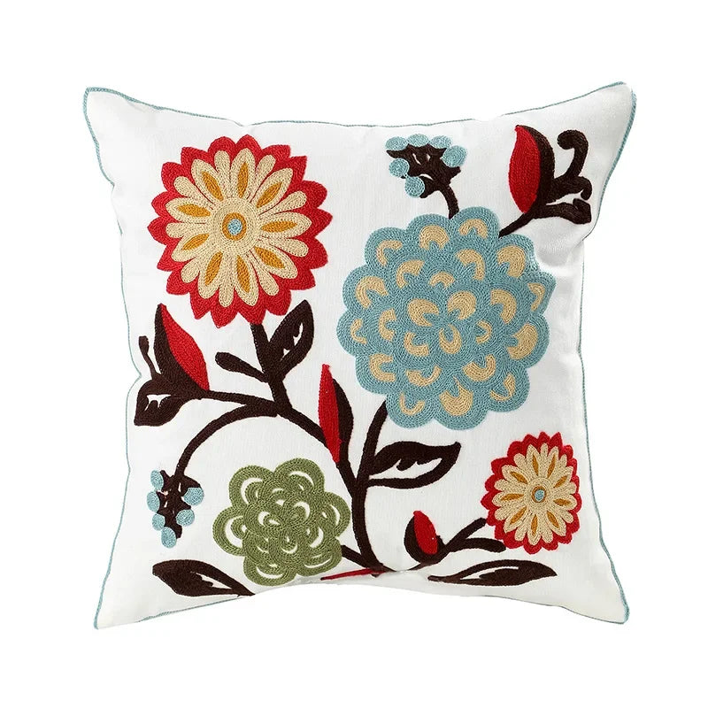 BloomLinen – Embroidered Cushion Cover of Cotton Canvas with Rustic Floral Splendor